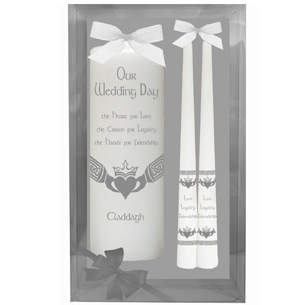 White Claddagh Wedding Day Candle Set