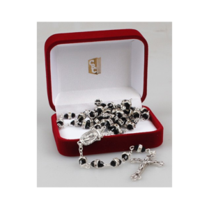 Black Glass Rosary Beads with Crystal Ring
