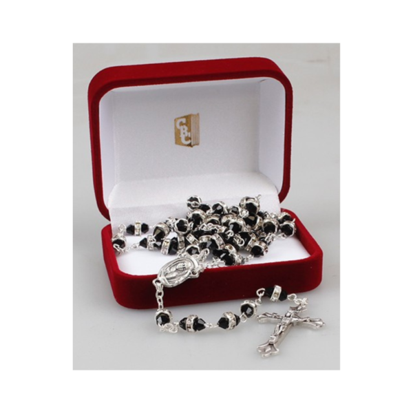 Black Glass Rosary Beads with Crystal Ring